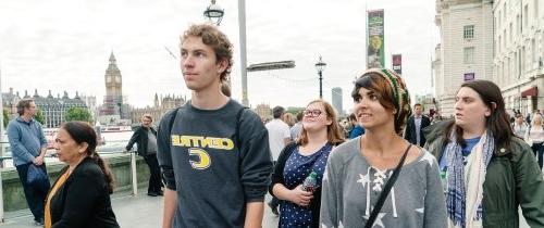 Centre students walking in London with Big Ben in the background